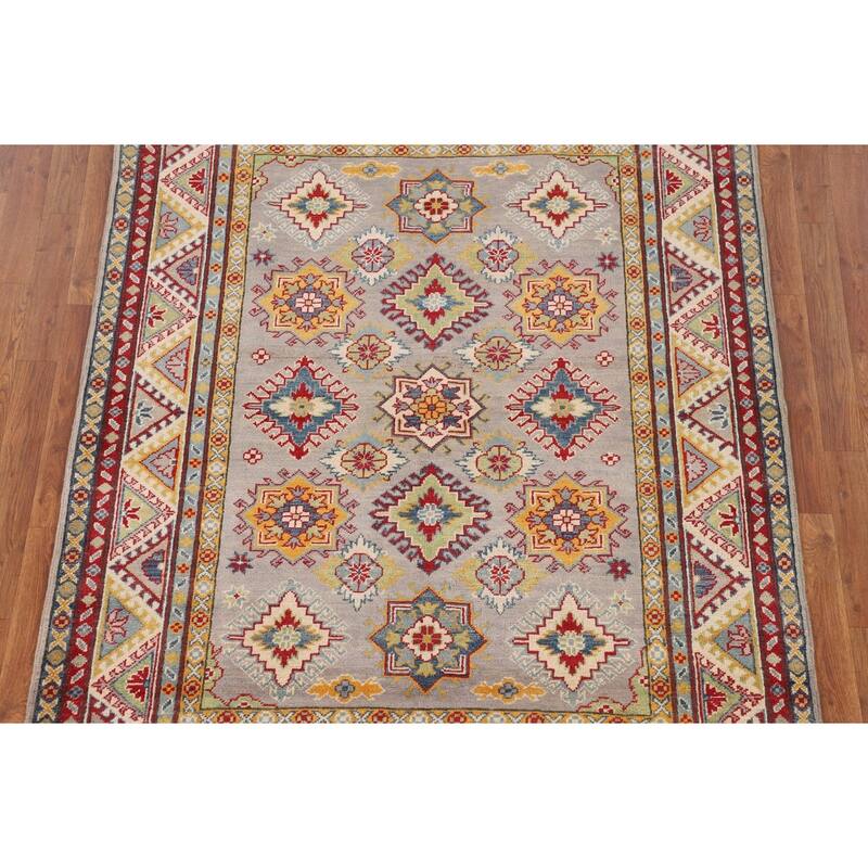 Grey Geometric Kazak Oriental Area Rug Hand-Knotted Wool Carpet - 5'1" x 6'7"