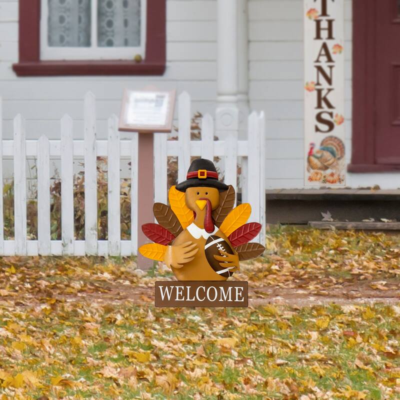Glitzhome Fall Harvest Metal Yard Stake Hanging Decor for Thanksgiving (2-3 Functions) - 1-Piece Welocome Turkey
