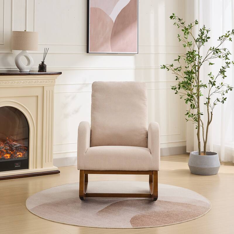 27.2"W Rocking Chair Side Chair with High Back and Side Pocket, Accent Chair Beige Armchair with Wood Legs