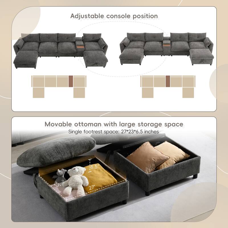 Oversized U Shaped Modular Sectional Sofa with 2 Storage Ottomans, Chenille 6 Seat Sofa with Console, Cup Holder & USB Charger