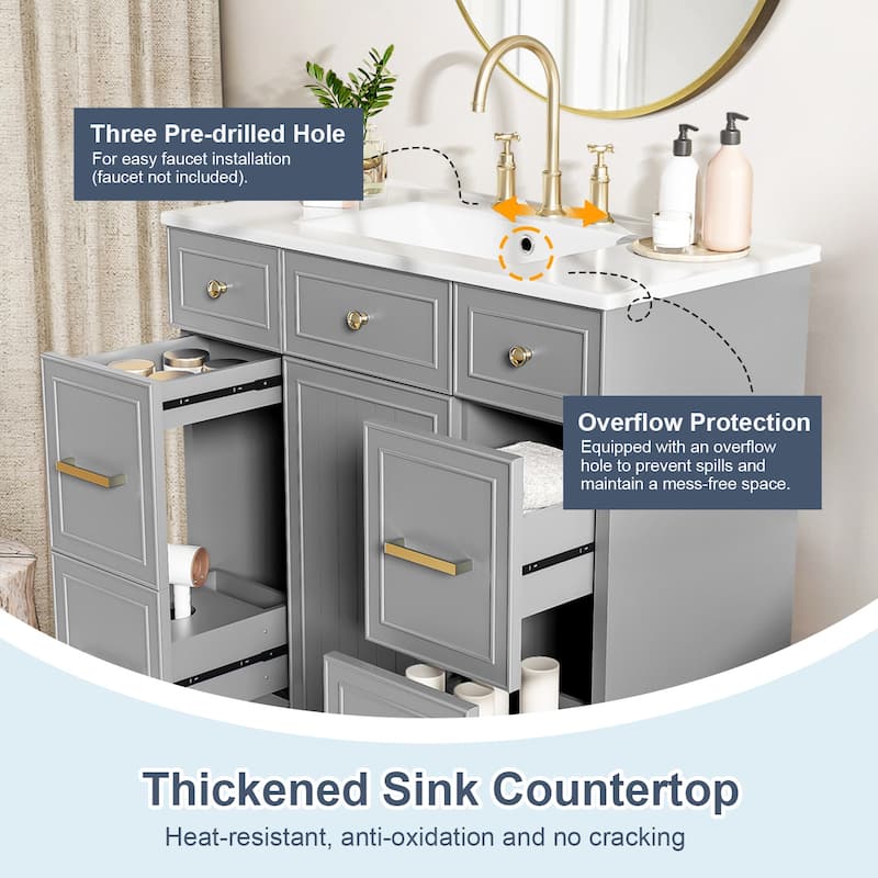 36" Bathroom Vanity with Ceramic Sink,Solid Wood Frame