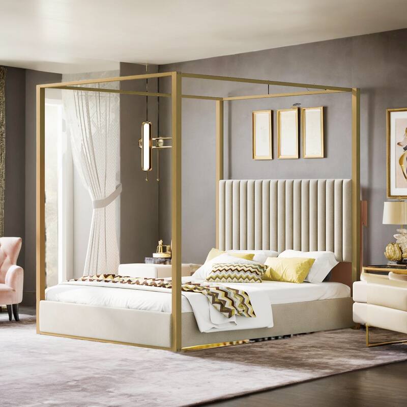 Queen Size Upholstery Canopy Platform Bed with Headboard and Metal Frame