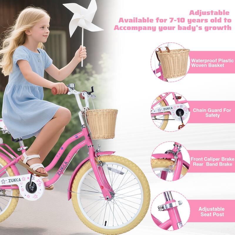 Girls 20 Inch Bike with Basket, Steel Frame, Front & Rear Brakes, For Kids Ages 7-10, No Training Wheels