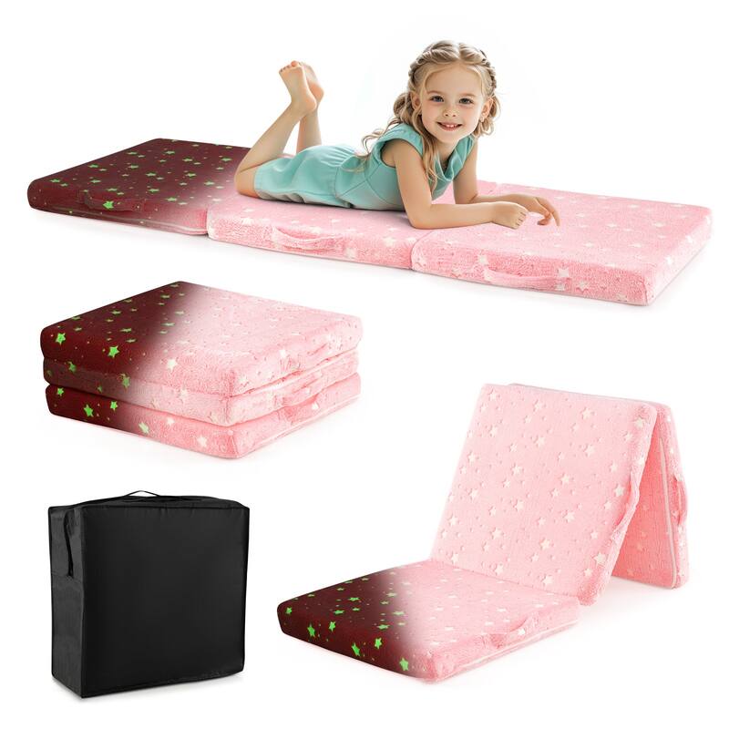 Gymax Foldable Floor Mattress for Kids Glow in the Dark Toddler Nap - Pink