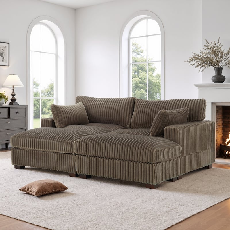 Oversied Plush Corduroy Fabric Modular Sectional Sofa with Chaise, Ottoman - Left Facing - Light Brown-3 Pieces