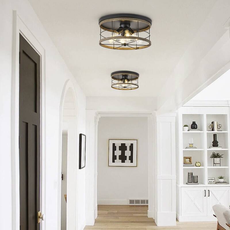Farmhouse 4-Light Drum Metal Frame Flush Mount Ceiling Light with Wooden-Grain Cover