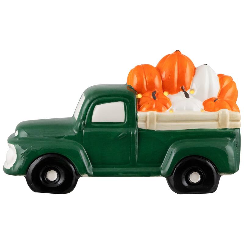 9.5" LED Green Ceramic Truck Hauling Pumpkins Autumn Harvest Decor