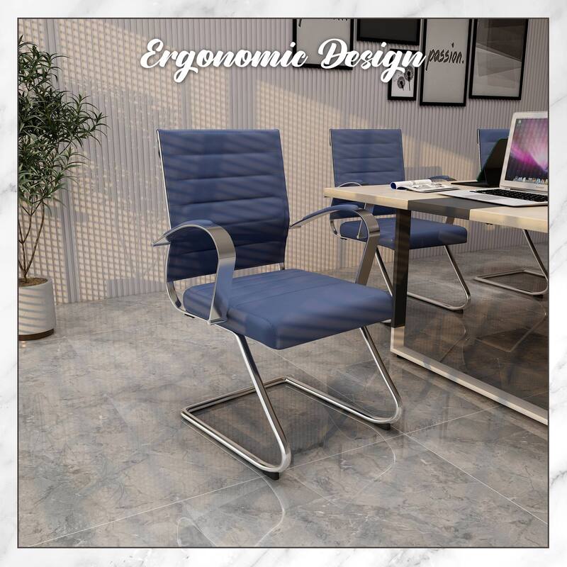 Benmar Modern Leather Office Chair with Stainless Steel Sled Base, Floor Caps, Ergonomic Desk Chair for Home Office or Workspace