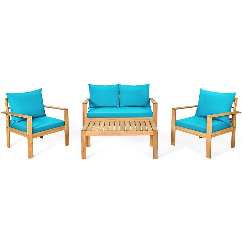Costway 4PCS Patio Furniture Set Acacia Wood Thick Cushion Loveseat - See details
