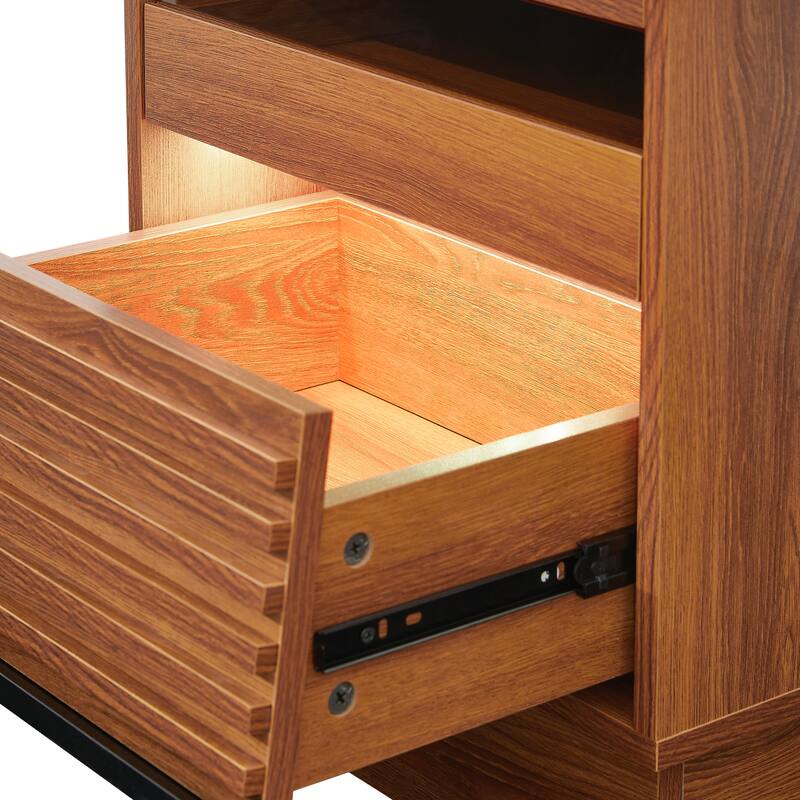 Yellow Bedside Table Nightstand with Charging Station and LED lights, Storage Cabinet Side Table with 2 Drawers