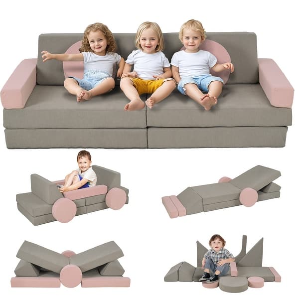 slide 2 of 9, Kids Play Couch, 12 Pieces Kids Couch for Playroom Bedroom, Convertible Foam Floor Cushions for Boys and Girls, Pink Gray