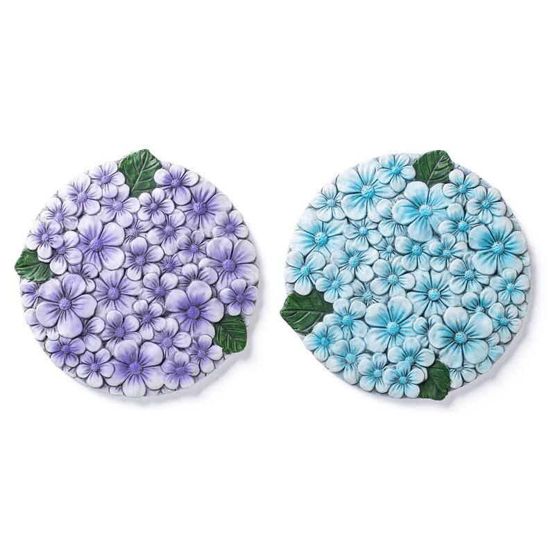 Glitzhome 4-Piece Cement Blue and Purple Hydrangea Textured Stepping Stones - 10 in