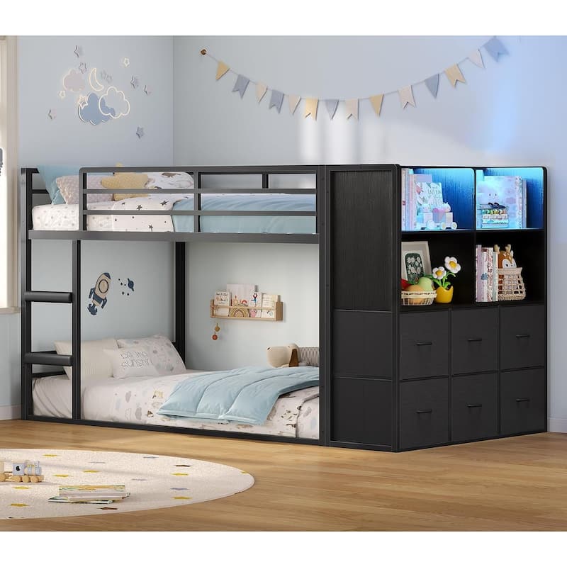 Twin Size Low Loft Bed 6 Fabric Storage Drawers LED Lights Twin Over Twin Bunk Bed - Black