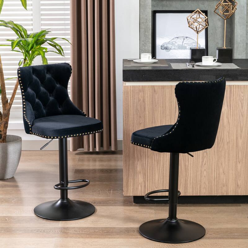 Roomfitters Upholstered Bar Stools Set of 2 with Adjustable Height and Nailhead Trim, Modern Swivel Counter Stools - Black