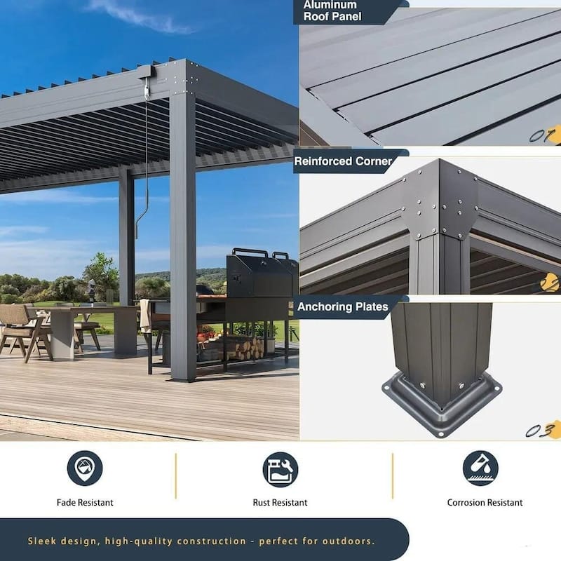 EROMMY Outdoor Louvered Pergola Gazebo with Adjustable Aluminum Rainproof Roof and Pull-Down Screen