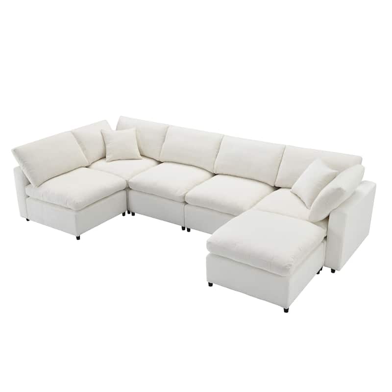 Beige 130" Chenille Cloud Upholstered Modular U-Shaped Sleeper Sectional Sofa, 6-Piece Free Combination with Removable Ottoman