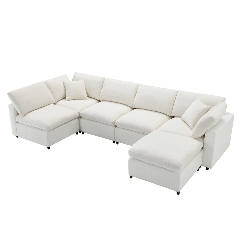 Oversized Chenille Sectional Sofa Bed, Modular 6 Seater Cloud Sofa with Ottoman, Convertible U Shaped Sleeper Sofa with Pillow