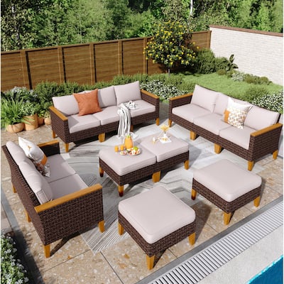 9-Piece Outdoor Wicker Sectional Sofa Patio Furniture Luxury Conversation Set, Beige Cushion