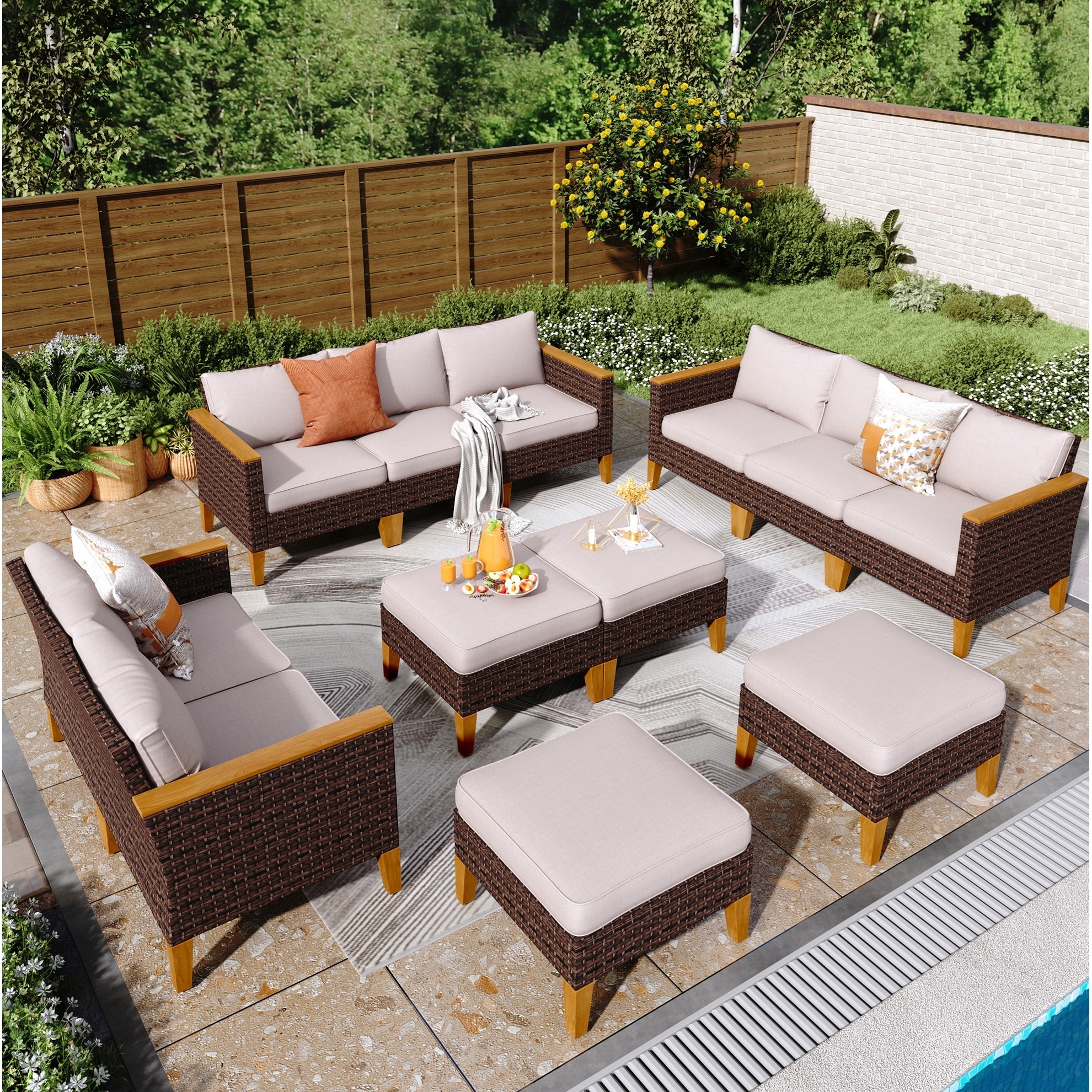 9-Piece Outdoor Wicker Sectional Sofa Patio Furniture Luxury Conversation Set, Beige Cushion