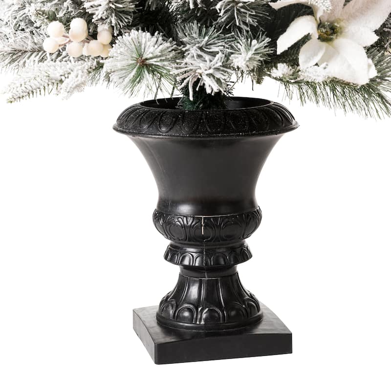 Glitzhome 4ft/5ft Pre-Lit Pine Artificial Christmas Potted Porch Trees with Warm White Lights and Poinsettia