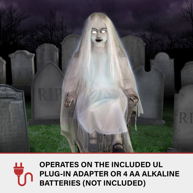 Haunted Hill Farm Darcy the Sitting Tombstone Girl by Tekky, Premium Talking Halloween Animatronic, Plug-In or Battery