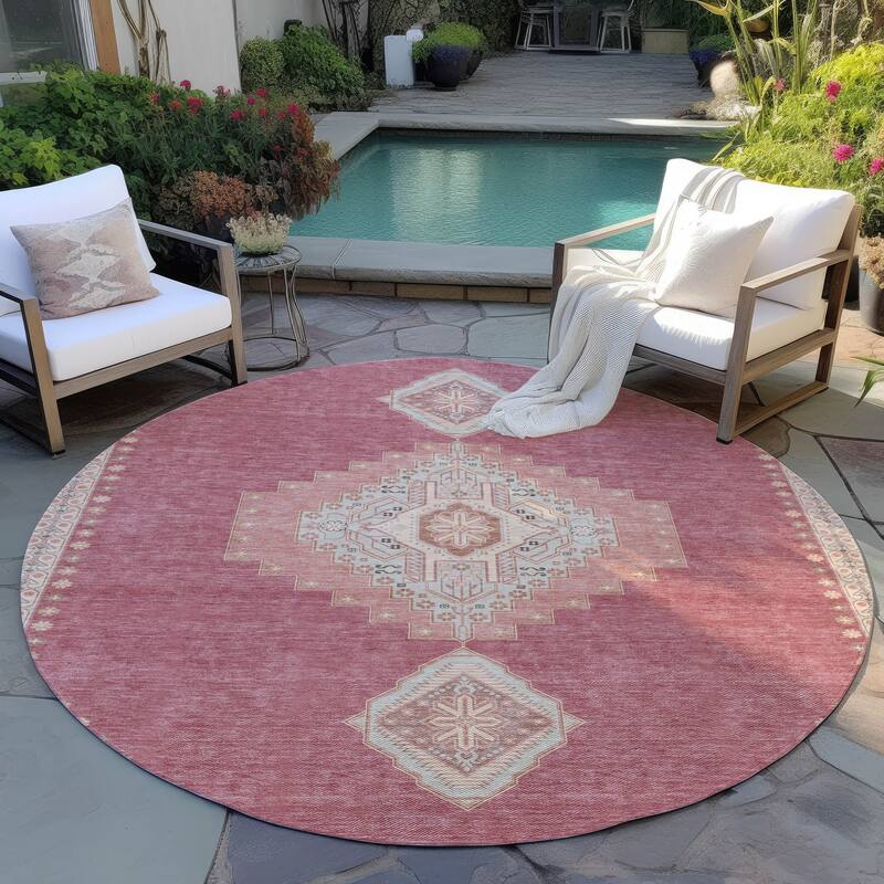 Machine Washable Indoor/ Outdoor Boho Traditional Chantille Rug - Blush - 8' x 8'