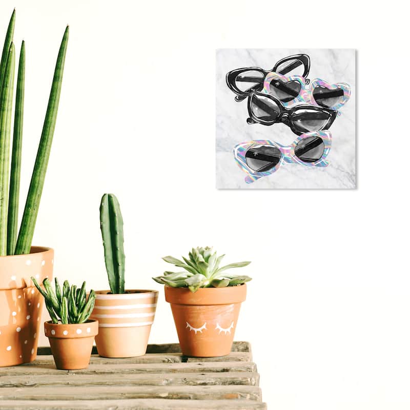 Wynwood Studio Canvas Fashion and Glam Sunglasses Holo Fun Black and Light Gray Glam Wall Art Canvas Print - 12 x 12