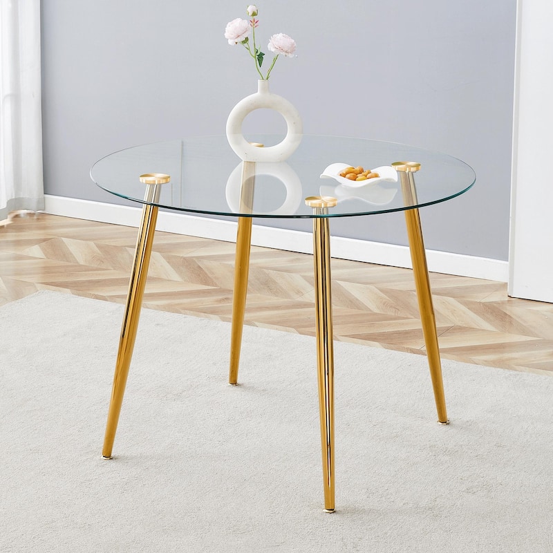 Roomfitters Round Glass Dining Table with Gilded Metal Legs for Elegant Dining Living Room or Small Spaces, Transparent