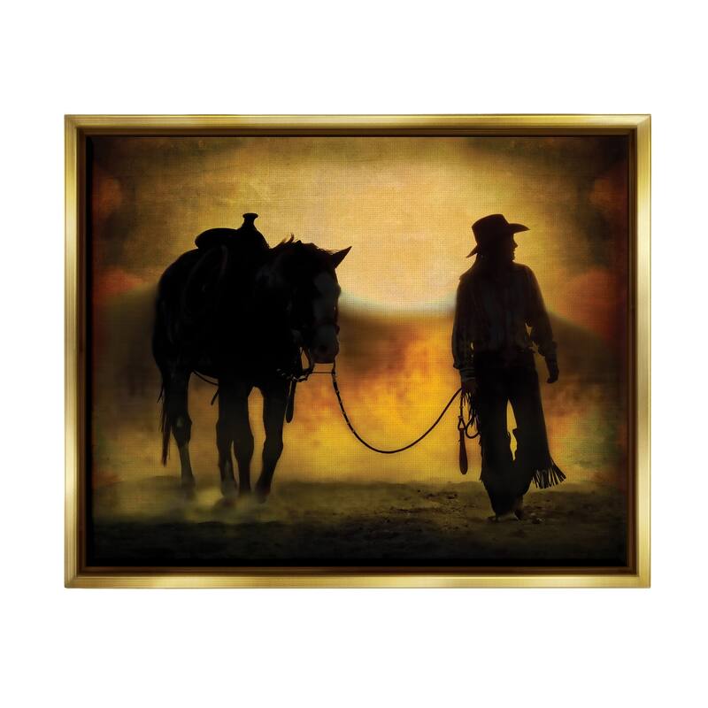 Stupell Cowgirl & Horse Silhouette Framed Floater Canvas Wall Art Design by PBurchettePhoto - 21 x 17 - Gold