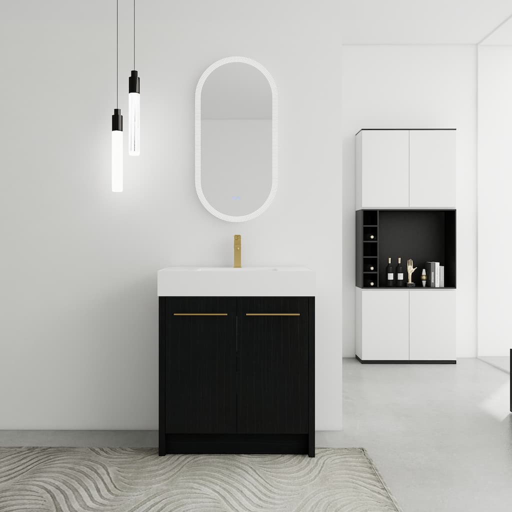 Modern Floating 30-Inch Bathroom Vanity with Black Ceramic Sink, Soft-Close Drawers, Plywood Base