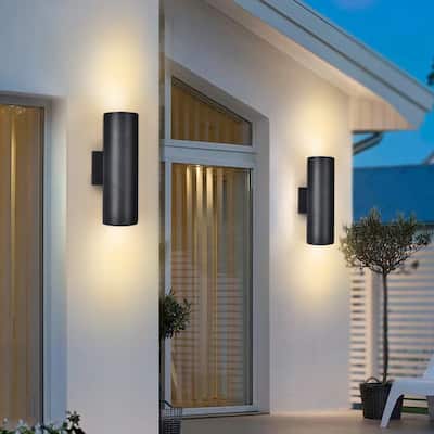 13.4 in. 2-Light Modern Industrial Black Linear Cylinder Waterproof IP54 Outdoor Lantern Wall Sconces