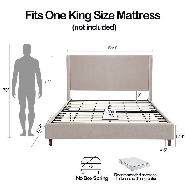dimension image slide 1 of 2, Upholstered Bed Frame with Wood Legs and Metal Support for Stability