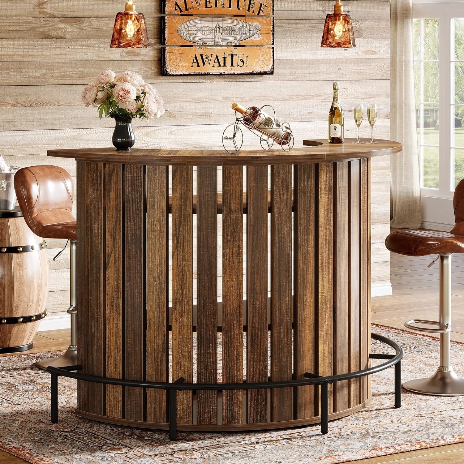 4-Tier Bar Cabinet Table with Storage, 39.4” H Arc-Shaped Bar Height Pub Table with Footrest