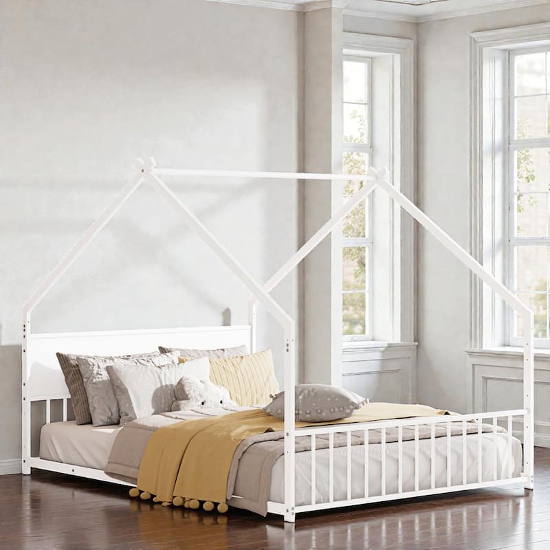 House Bed Frame with Roof & Colorful LED Lights, Metal Kids Floor Bed with Slats, Boys Girls Teens Canopy Bed, No Box Spring