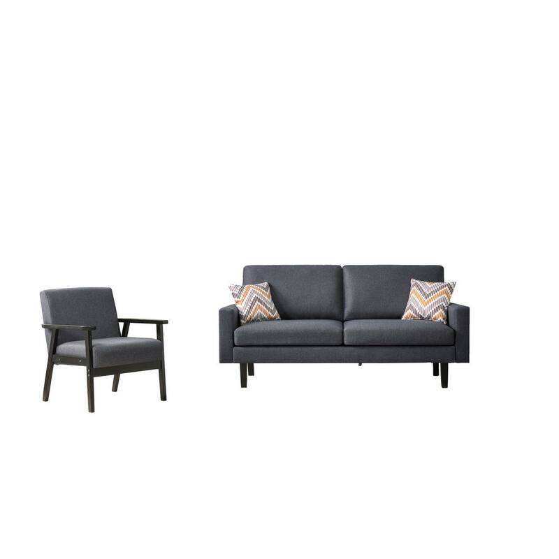 Gala 2pc Sofa and Chair Set, Slate Gray Fabric, 2 Pillows, Black Wood Frame - Black
