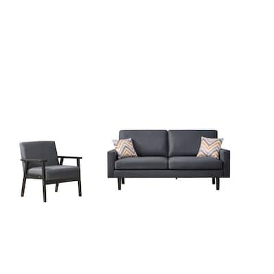 Gala 2pc Sofa and Chair Set, Slate Gray Fabric, 2 Pillows, Black Wood Frame