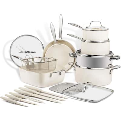Gotham Steel Nonstick Pots and Pans 20 Pc Deluxe Cookware and NutriBlade Knife Set, Cream