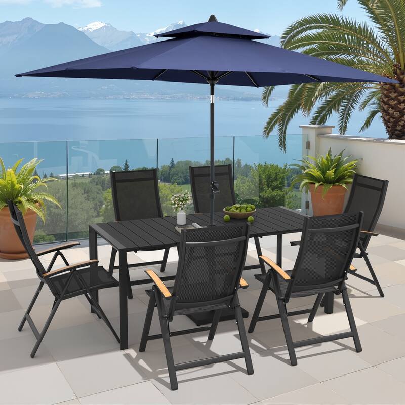 9/11-Piece Outdoor Patio Dining Set Aluminum Dining Table and Chairs w/10 ft Market Umbrella and Base - Set of 9 - Black Table with Navy Blue Umbrella