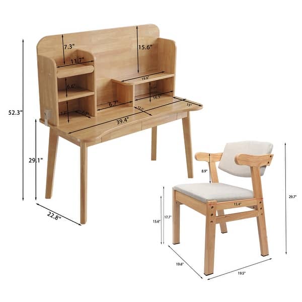 dimension image slide 2 of 3, Kids Desk with Chair, Student Desk Multi-Tier Organizer, Solid Wood Bookshelf with Drawers
