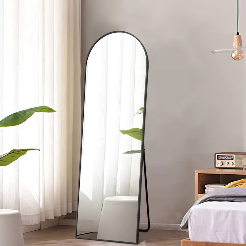 Aluminum Fine Edge Right Angle Arched Black Full Length Mirror with Stand - 64"x21"
