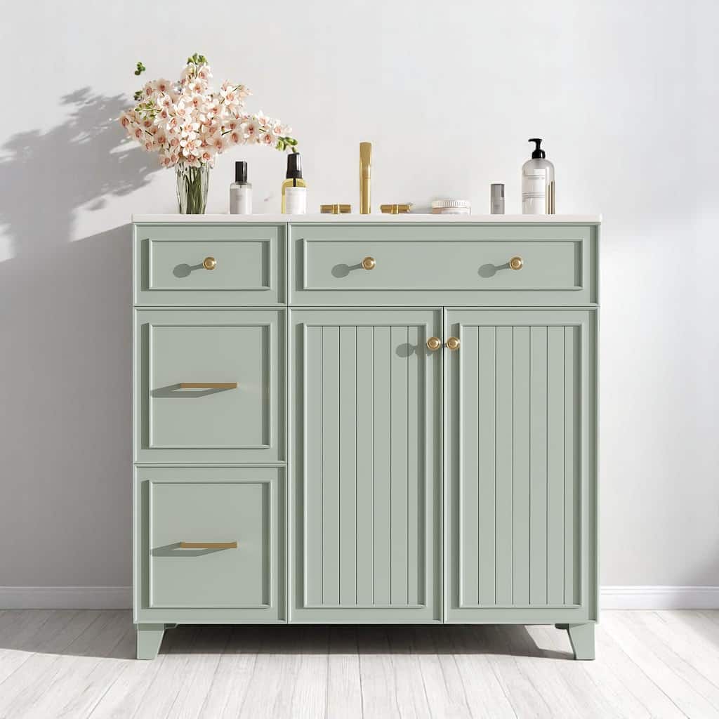 36" Bathroom Vanity with Ceramic Sink, Soft Close Doors, Double-Layer Drawers, Adjustable Shelf, Modern Storage Cabinet