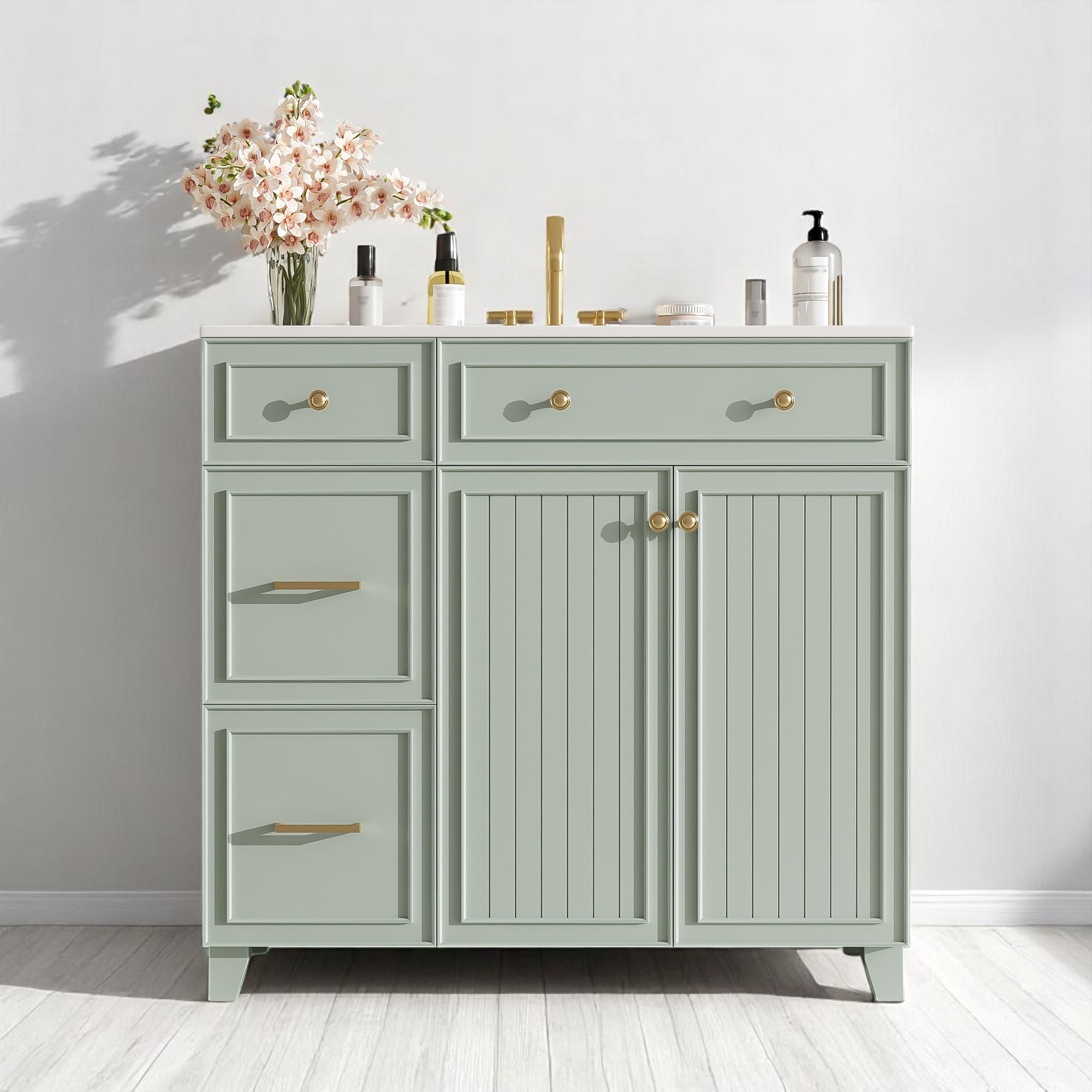 36" Bathroom Vanity with Ceramic Sink, Soft Close Doors, Double-Layer Drawers, Adjustable Shelf, Modern Storage Cabinet