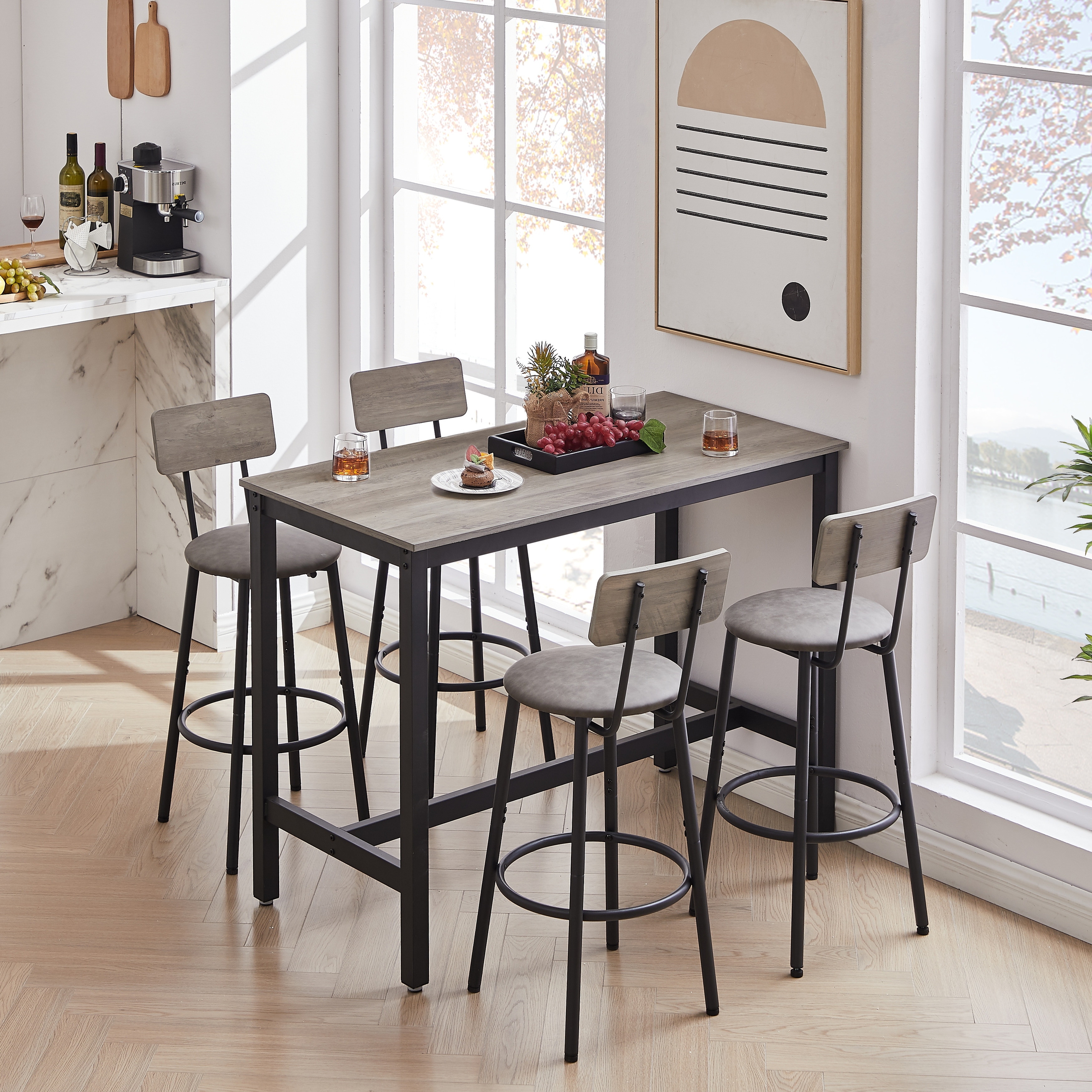Dining Bar Table and 4 Bar Upholstered Stools with Backrest, Modern Dining Bar Table Set for 4 People, Kitchen Breakfast Table