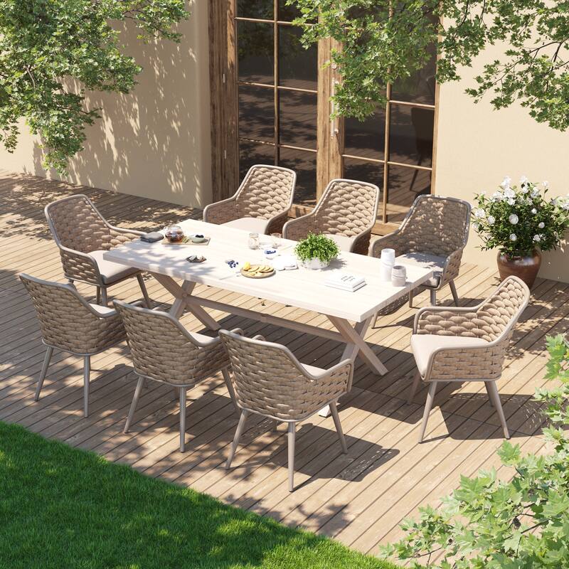 Outdoor Patio Dining Sets with Handwoven Rope Chairs and X-leg Aluminum Dining Table for 8 Persons
