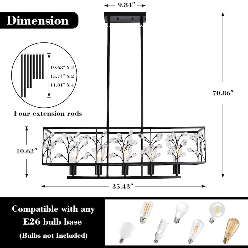 Starsky Farmhouse 5-light Crystal Rectangle Linear Chandelier for Dining Room with UL Certified