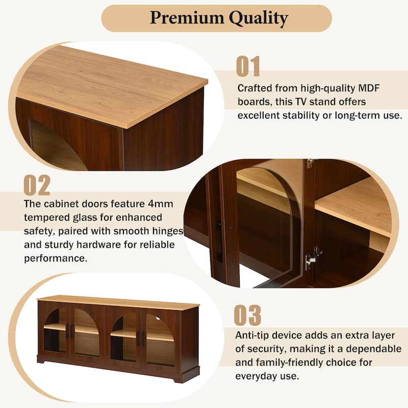 Farmhouse TV Stand with Semi-Arched Glass Doors for TVs Up to 70",Adjustable Shelves,Wood Grain Sideboard with Cable Management