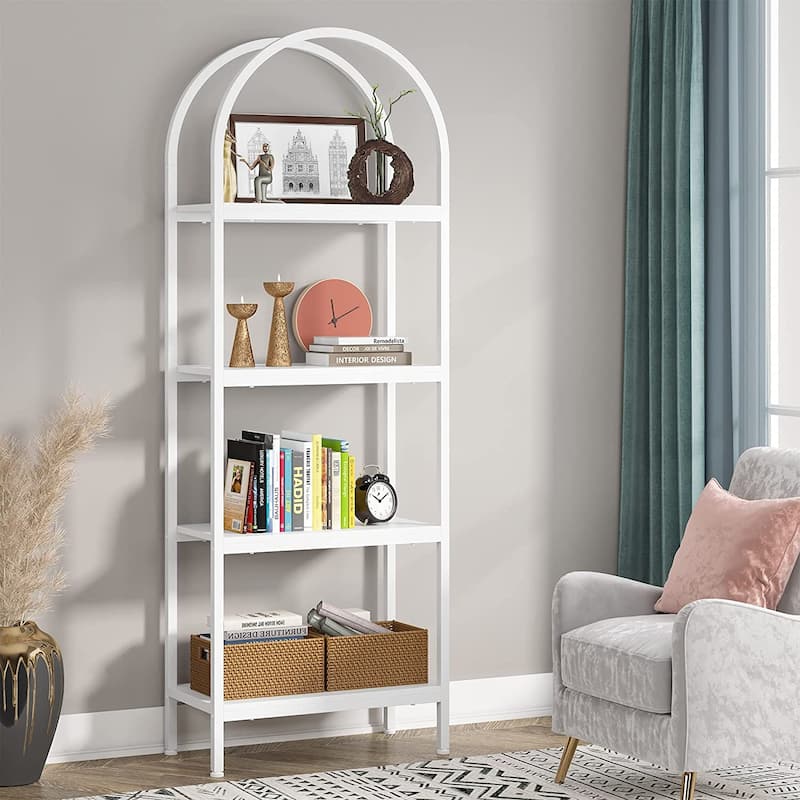 Open Bookshelf, Industrial Bookcase Storage Shelves with Metal Frame - 4-Tier - Full White
