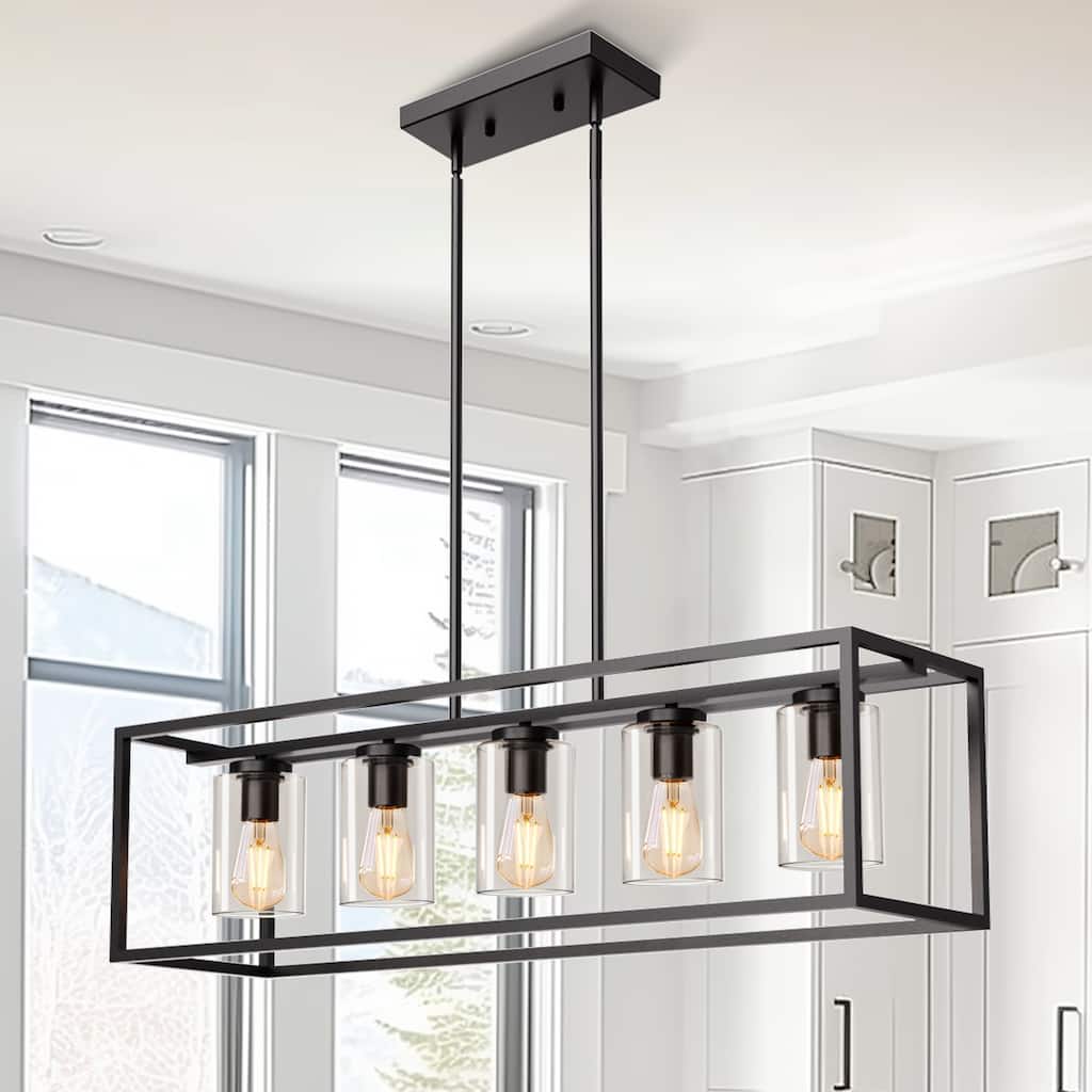 Dining Room Light Fixture, Farmhouse Linear Rectangular Kitchen Island Lighting with Glass Shade Height Adjustable, Black