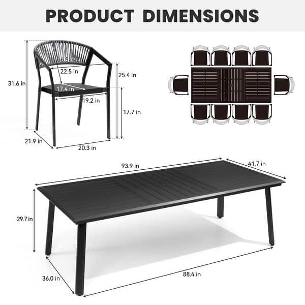 dimension image slide 6 of 7, 9/11/13-Piece Patio Dining Set Outdoor All-Weather Aluminum Dining Table and Woven Twist Wicker Stackable Chairs