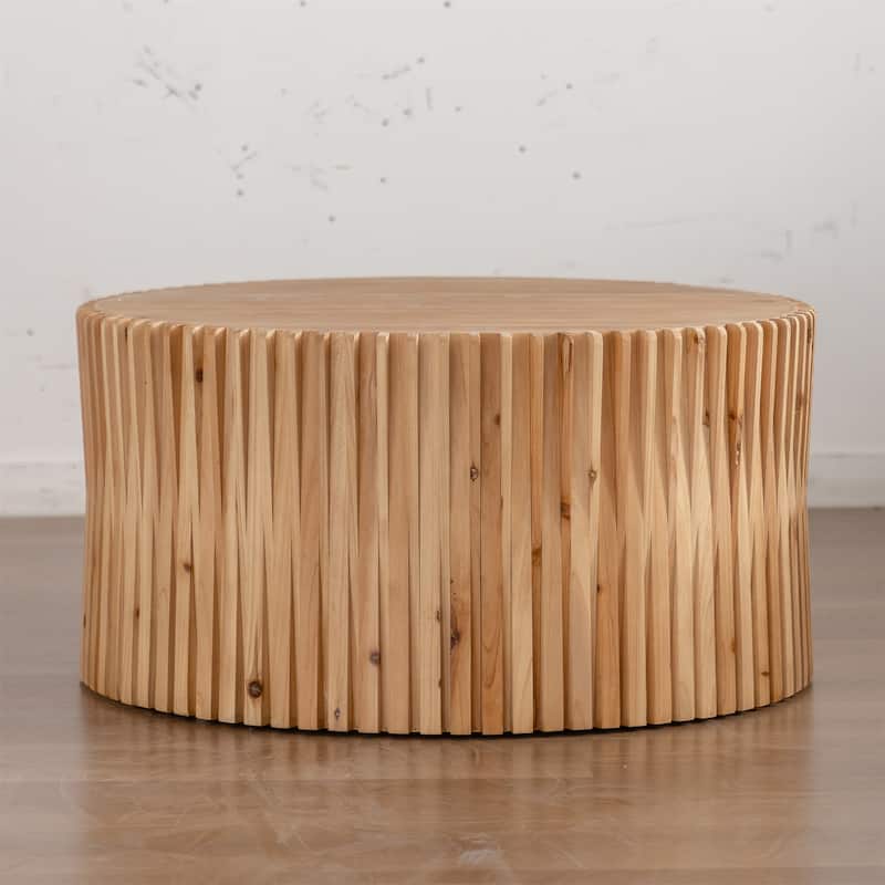 Retro Cylindrical Coffee Table with Vertical Texture Relief Design